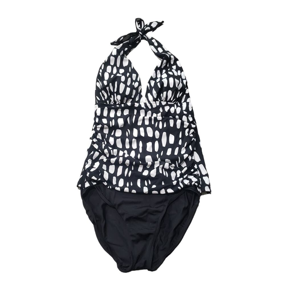 INC International Concepts Black White Halter Top 1 Piece Swimsuit Bathing Suit